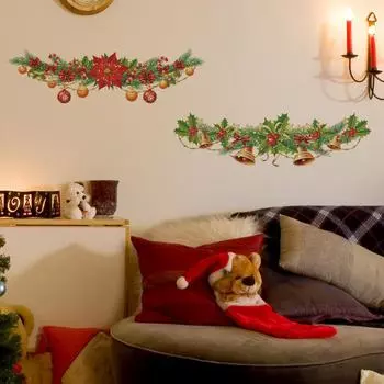 Christmas Decorations Green Plants Bells Colored Balls Flowers Bedroom Living Room Landscaping Decorative Wall Stickers 35*60cm/fun-g19