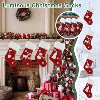 Christmas Decorations With Lights, Red Hemp Embroidery Christmas Socks, Gift Bags, Luminous Christmas Socks One Size