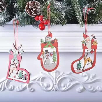 Christmas Decorations Wooden Pendant Christmas Socks Xmas Tree Hanging Ornaments 2025 New Year Navidad Party Home Decor