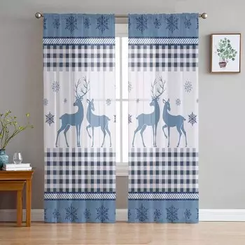 Christmas Deer Snowflake Bule Plaid Sheer Curtains for Living Room Decoration Window Curtains Kitchen Tulle Voile Curtains W135 x H115cm x1