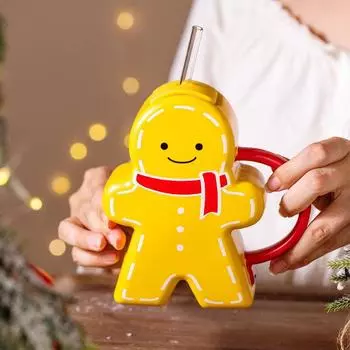 Christmas Delicate Cute Gingerbread with Straw Ceramic Water Cup for Girls Couple Christmas Mug Gift Home Mug Drinkware 301-400ml