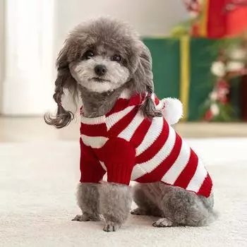 Christmas Dog Cat Sweater Warm Winter Puppy Dogs Clothes With Hat Striped Christmas Jacket Coat Pug Yorkies Yorkshire Clothing S чёрный
