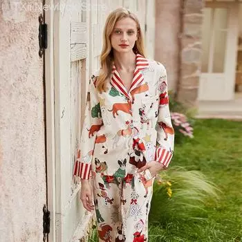 Рождественская собака Ice Шелковая пижама Весна и лето Длинный рукав Лацкан Шелк Мультфильм Домашняя одежда Женский костюм S
