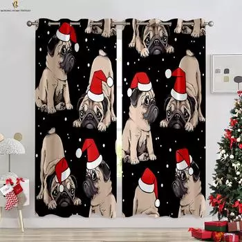 Christmas Dog Window Santa Claus 3D Printing Curtains Bedroom Restaurant Holiday Party Decoration Curtains 2 Pieces W50xH130(CM)x2PCS&Grommet Top