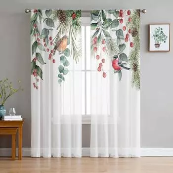 Christmas Eucalyptus Berries Robin Chiffon Sheer Curtains for Living Room Bedroom Kitchen Decoration Window Voiles Tulle Curtain W135 x H115cm x1&Rod Pocket