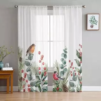 Christmas Eucalyptus Berries Robin Sheer Curtains for Living Room Decoration Window Curtains Kitchen Tulle Voile Curtains W135 x H115cm x1
