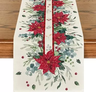 Christmas Eucalyptus Poinsettia Leaves Linen Table Runner Dresser Scarf Winter Xmas Kitchen Party Decor Navidad Decorations 2025 150x33cm 59x13inch красный