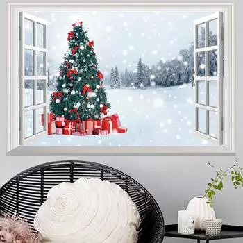 Christmas Fake Window 3D Wall Stickers Home Xmas Decoration Window Stickers Santa Claus Christmas Tree Room Decoration 1