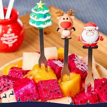 Christmas Fruit Fork Reusable Fruit Fork Set Christmas Tree Elk Cute Bright Color with Ceramic Cup Holder for Party for Dessert