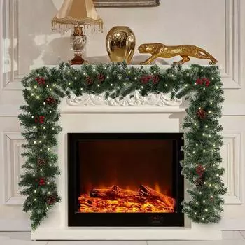 Christmas Garland 6ft Led Light Up Wreaths Red Berry Rattan Xmas Decor Fireplace Without Light