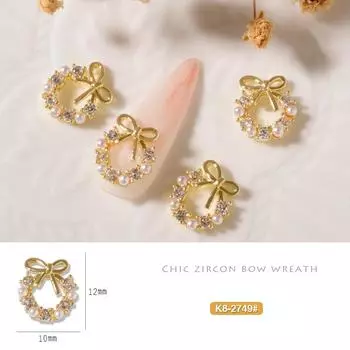 Christmas Garland Bowknot Pearl Zircon Nail Art Charms Xtmas Wreath Nail Design Crystals Jewelry Nail Art Decoration 10*12mm золотой