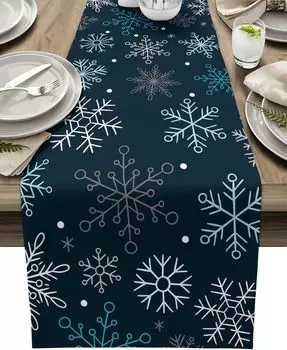 Christmas Geometric Snowflakes Navy Blue Linen Table Runner for Table Decor Winter Xmas Table Runners Dresser Scarf Party Decor 150x33cm 59x13inch