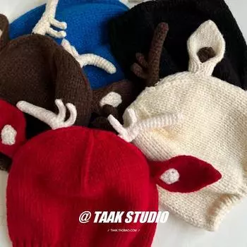 Christmas gift cute antlers wool hat women s winter warm red knitted hat versatile pullover cold hat M56-58cm чёрный