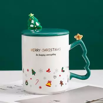 Christmas Gift Mug with Lid Spoon Ceramic Cup Male and Female Couple Coffee Cup Student Water Cup Home Breakfast Cup 301-400ml