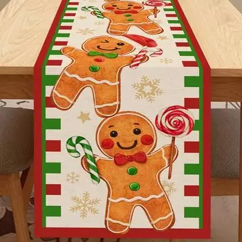 Christmas Gingerbread Man Candy Linen Table Runner Winter Xmas Party Decor Xmas Santa Snowflake Table Runner Navidad Decor 2025 150x33cm 59x13inch