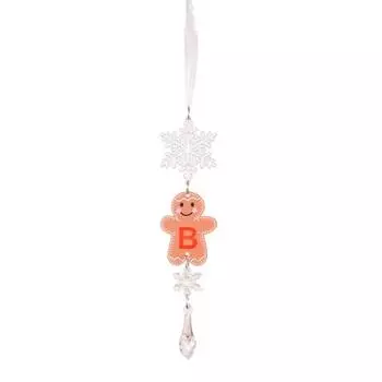 Christmas Gingerbread Man Letter Ornament Name Initial Gingerbread Hanging Decoration with Clear Acrylic Snowflake Icicle for Xmas Tree Party Decor B
