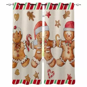 Christmas Gingerbread Man Retro Candy Blackout Curtains For Living Room Bedroom Window Treatment Blinds Drapes W135 x H60cm