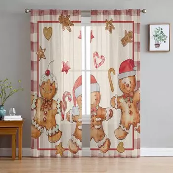 Christmas Gingerbread Man Retro Candy Sheer Curtains Modern Gauze Curtain for Living Room Bedroom Voile Yarn Curtains W135 x H114cm