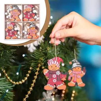 Christmas Gingerbread Wood Ornaments 12X Christmas Tree Pendant Wooden Gingerbread Man Seasonal 4 Patterns Gingerbread Man With