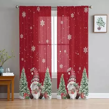 Christmas Gnome Christmas Tree Red Sheer Curtains for Living Room Decoration Window Curtains Kitchen Tulle Voile Curtains W135 x H115cm x1