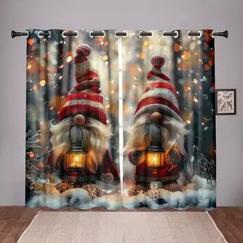 Christmas Gnome Curtains 2 Panels 3D Print Sun Block Winter Decor Bedroom Living Room Nordic Dwarf Lantern Snow Scene Holiday 50W60H(CM)X2PCS&Grommet Top