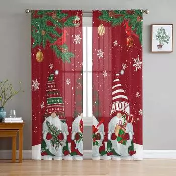 Christmas Gnome Snowflake Robin Red Sheer Curtains for Living Room Decoration Window Curtains Kitchen Tulle Voile Curtains W135 x H115cm x1