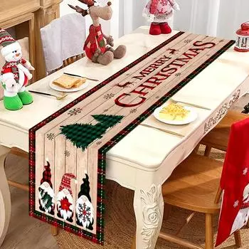 Christmas Gnome Wood Grain Linen Table Runner Dresser Scarf Winter Xmas Tree Table Runner Reusable Holiday Kitchen Table Decor 150x33cm 59x13inch
