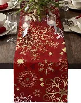 Christmas Gold Snowflake Red Linen Table Runner Winter Xmas Dresser Scarf Decor Kitchen Wedding Party Decor Navidad Decorations 150x33cm 59x13inch