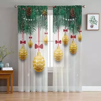 Christmas Golden Decoration Ball Sheer Curtains for Living Room Decoration Window Curtains Kitchen Tulle Voile Curtains W135 x H115cm x1