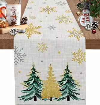 Christmas Golden Snowflake Linen Table Runner Home Party Decor Winter Watercolor Pine Tree Table Runners Navidad Decorations2025 150x33cm 59x13inch