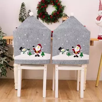 Christmas Gray Printed Chair Covers With Santa And Snowman Designs, Non-Woven Fabric Chair Slipcovers With Adorable Pom-Pom For Holiday Home Decor One Size