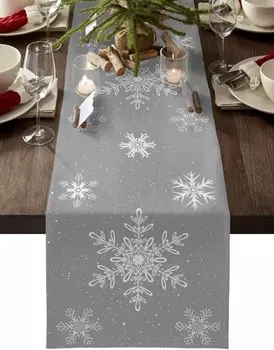 Christmas Grey Snowflakes Linen Table Runner Dresser Scarf Winter Xmas Kitchen Dining Table Runners Christmas Home Decorations 150x33cm 59x13inch