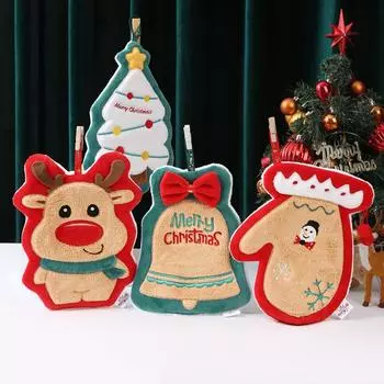 Christmas Hand Towel Christmas Kitchen Bathroom Dish Towels Cartoon Santa Claus Snowman Bell Deer Shape Cleaning Towels
