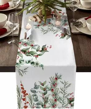 Christmas Holly Berry Linen Table Runner Party Decor Winter Xmas Leaf Table Runners Kitchen Table Decor Christmas Decorations 150x33cm 59x13inch