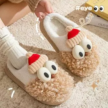 Christmas Home Fur Slippers Winter Warm Womens Indoor Home Santa Claus Pattern Indoor Bedroom Flat Heels Fluffy Slippers Shoes 36-37 белый