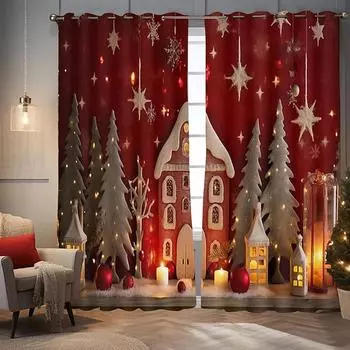 Christmas House Snow Tree 3D Print Curtains Children S Room, Bedroom Living Room Sunshade Curtains Can Be Customized 50Wx60H(CM)x1Piece&Hook