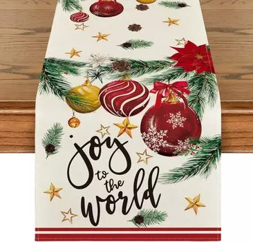 Christmas Joy To The World Xmas Balls Linen Table Runner Home Party Decor Winter Xmas Pine Cone Table Runner Kitchen Table Decor 150x33cm 59x13inch
