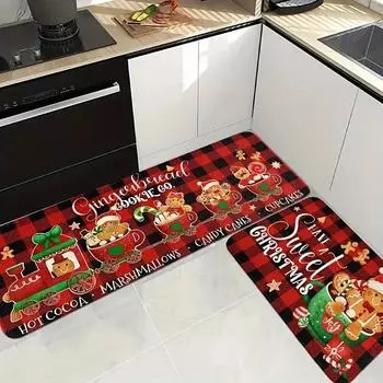 Christmas Joyful Kitchen Mat - Grid flannel anti fatigue carpet, for holiday decoration 60cm белый