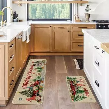 Christmas Kitchen Mats for Floor, Christmas Kitchen Rugs Set of 2 - Farmhouse Truck Red Buffalo Plaid Christmas Kitchen Decor 40x60 40x120cm