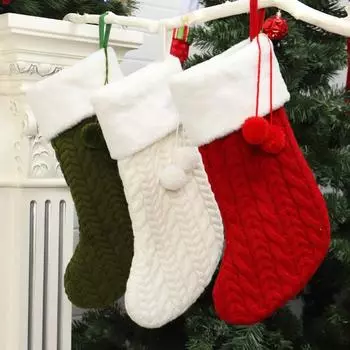 Christmas Knitted Stocking with Hanging Loop Large Capacity Xmas Tree Decorative Socks Ornaments Xmas Stocking New Year Gift красный