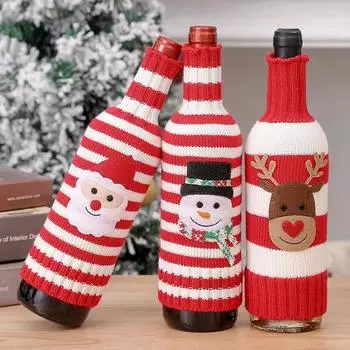 Christmas Knitted Striped Wine Bottle Cover Elk Snowman Red Wine Champagne Bottle Covers Gift Holders Xmas Decor New Year