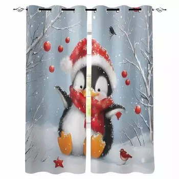 Christmas Lantern Bird Penguin Oil Painting Blackout Curtains For Living Room Bedroom Window Treatment Blinds Drapes W135 x H60cm
