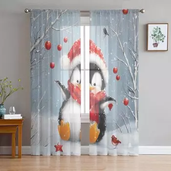 Christmas Lantern Bird Penguin Oil Painting Sheer Curtains Modern Gauze Curtain for Living Room Bedroom Voile Yarn Curtains W135 x H114cm