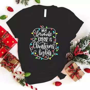 Christmas Lights Print T-Shirt Women Loose Short Sleeve Round Neck Top Female Casual Shirt Tees S