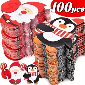 Christmas Lollipop Paper Cards Cartoon Santa Claus Penguin Snowman Kids Candy Gifts Package Wrapping New Year Party Decoration 25PCS