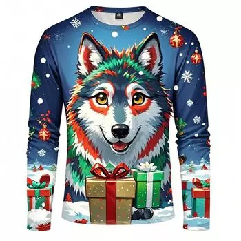 Christmas Men s Long Sleeve T-Shirt 3d Print Shirts Cartoon Animal Wolf Graphics Men Clothing Long Sleeve Tops Oversized Top S