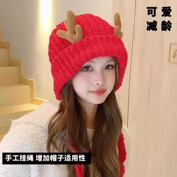 Christmas new cute antlers knitted hat autumn and winter velvet warm ear protection student wool hat simple and small face M56-58cm чёрный
