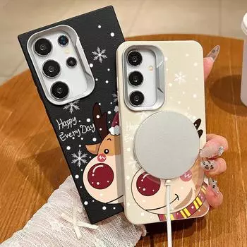 Christmas New Year Elk Leather Texture Phone Case for Samsung S24 S22 Ultra S23 S21 S20 Fe for Magsafe Magnetic Square Shockproof Tpu Soft Slim Cover Samsung S24 FE чёрный