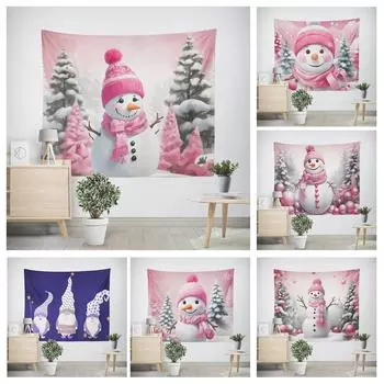 Christmas New Year Pink Snowman Pattern Living Room Bedroom Decorative Tapestry 100x75cm