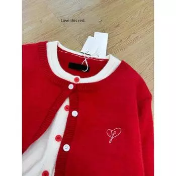 Christmas New Year Red Fake Two-Piece Cardigan Sweater Female Fall and Winter 2024 New Arrival Loose and Lazy Style Knitwear Tops Red S(Suggested 37.50 kg-47.50 kg)